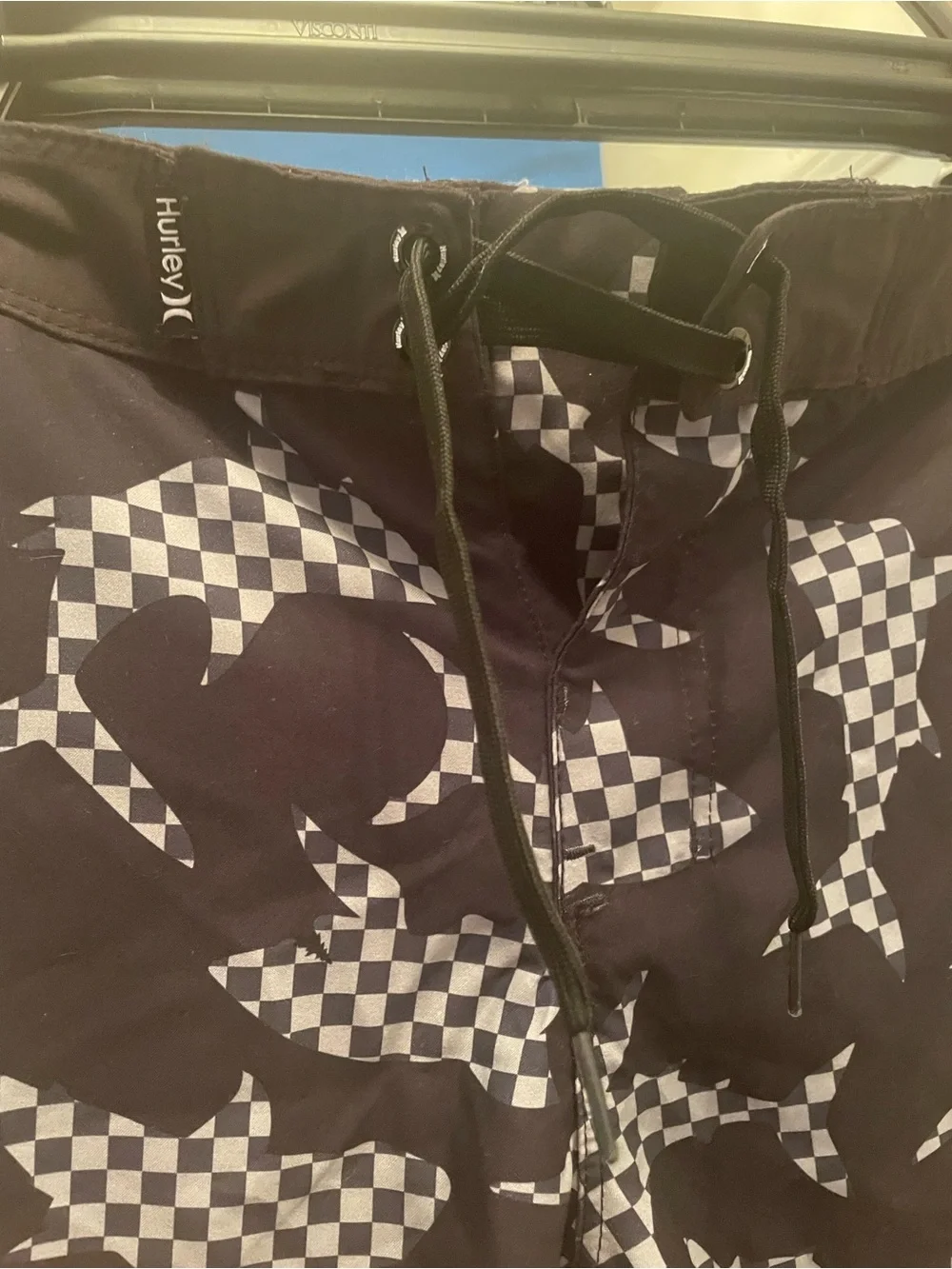 Hurley Boardshorts Swim Trunks Black and Gray Checkerboard Shark Print